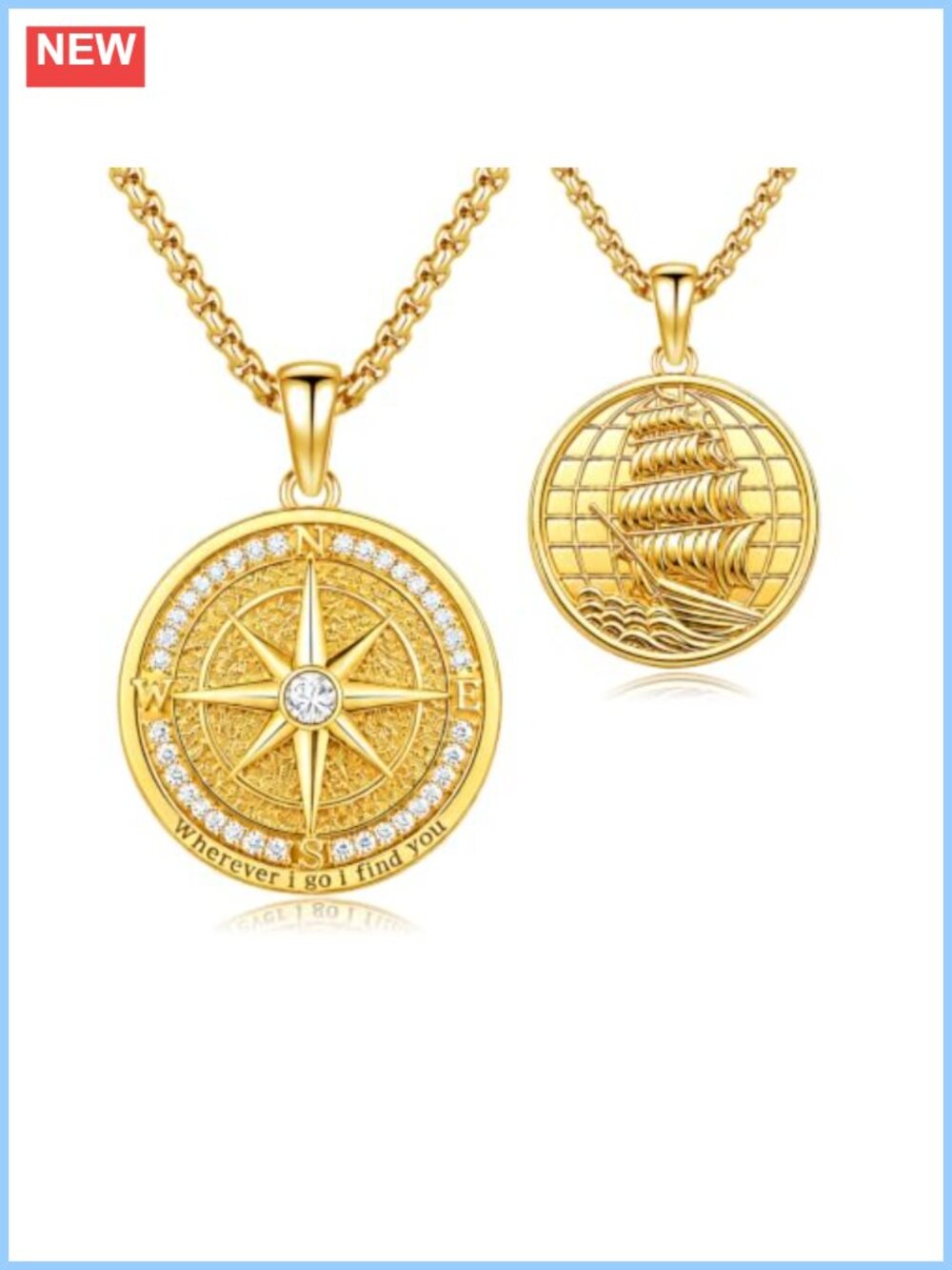 Compass Birthstone Pendant Necklace 14K Gold Plated Box Chain Gift for Him Her